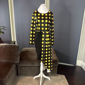 Women’s Black & Yellow Polka Dot Dress Long Sleeve Asymmetrical Hem Size XL